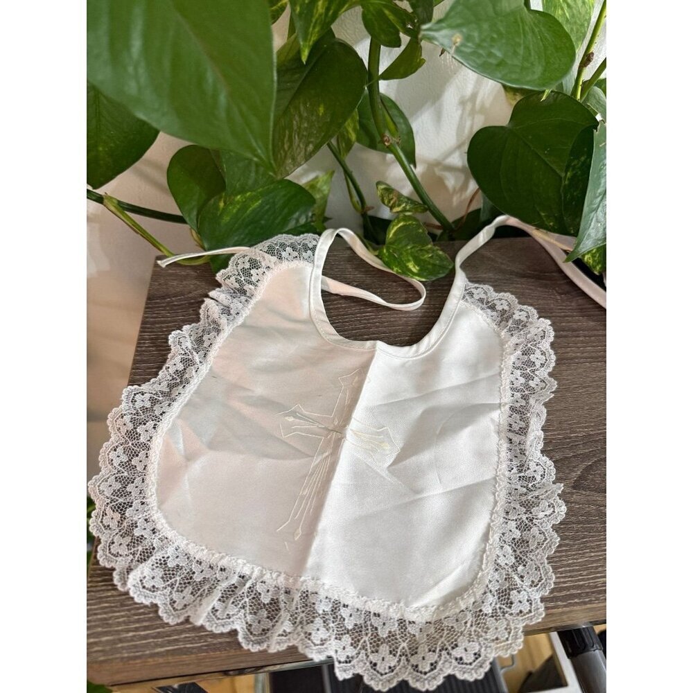 Vintage Satin Baptism Bib with Lace Trim